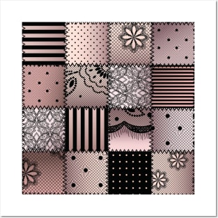 Patchwork Quilt Neck Gator Pink and Black Lace Patchwork Posters and Art